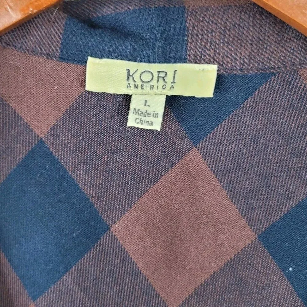 Kori Plaid Blazer Jacket size Large Lightweight Red Open Front Drape Flannel - Picture 6 of 7